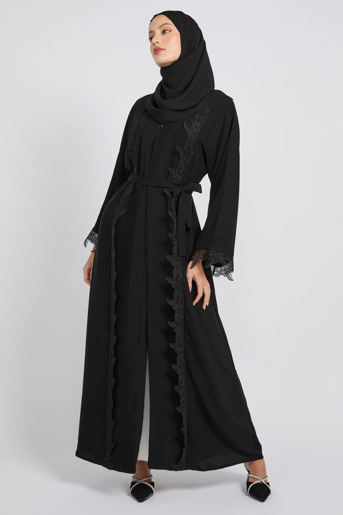 Premium Elara Lace Open Abaya - Black - Image 6