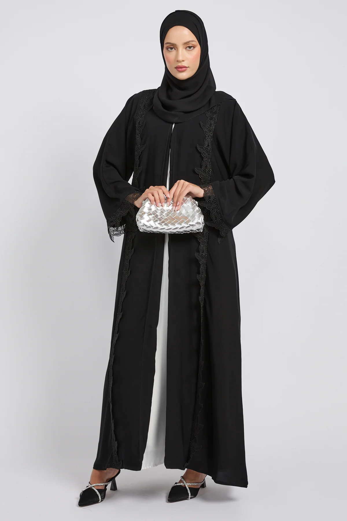 Premium Elara Lace Open Abaya - Black - Image 8
