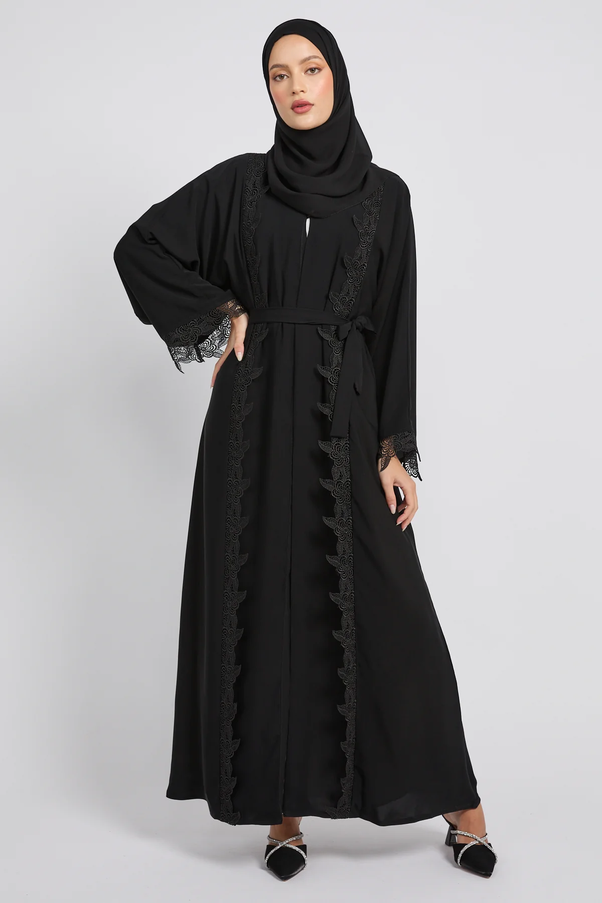 Premium Elara Lace Open Abaya - Black - Image 9