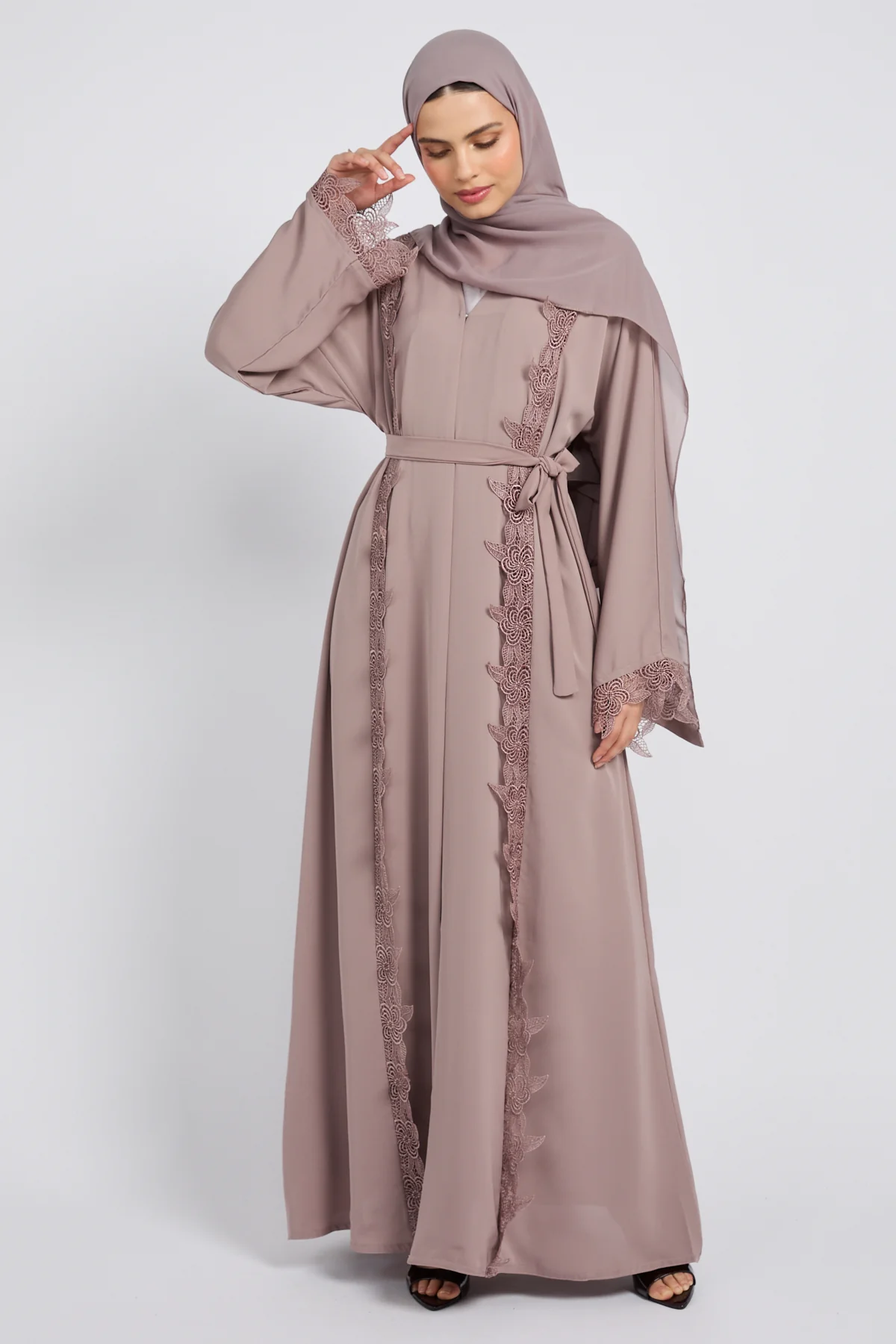 Premium Elara Lace Open Abaya - Rose Taupe - Image 3