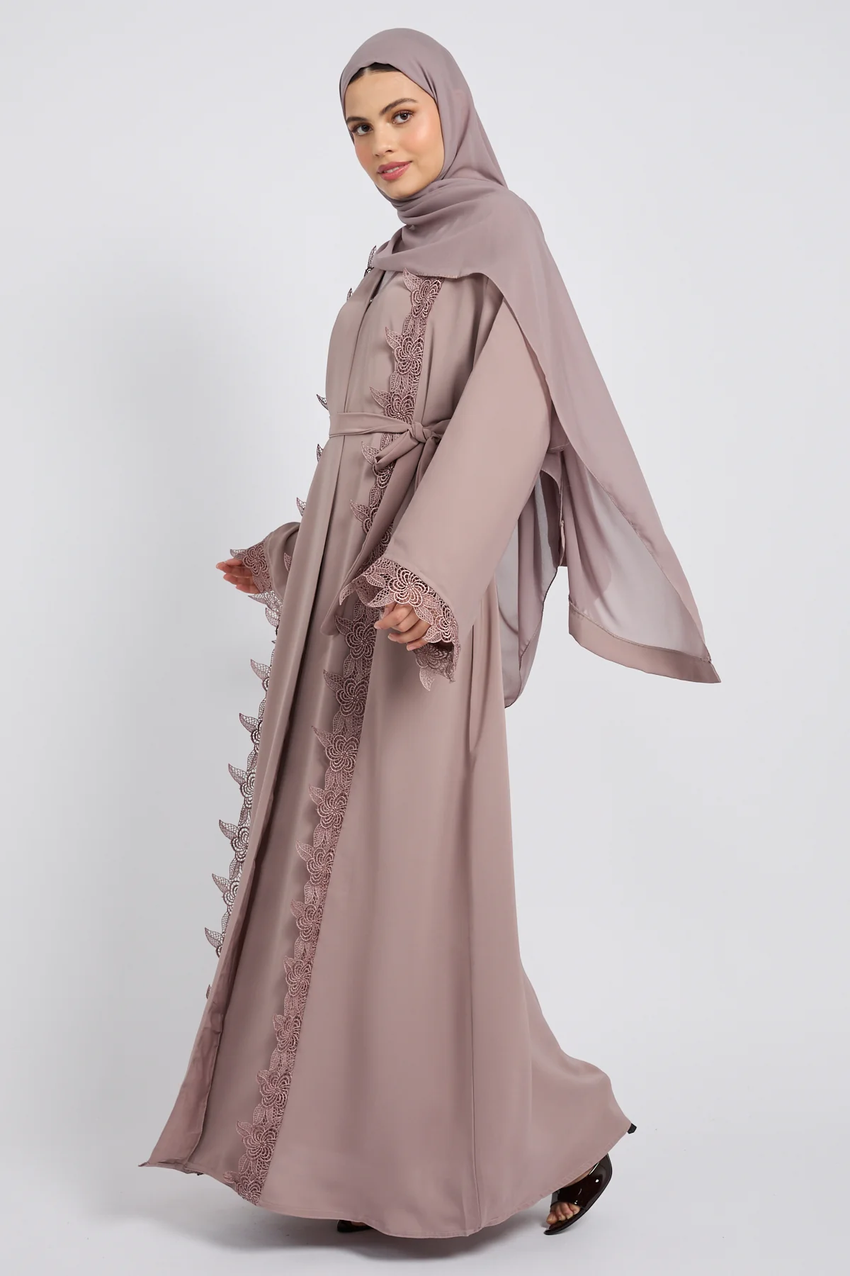 Premium Elara Lace Open Abaya - Rose Taupe - Image 4