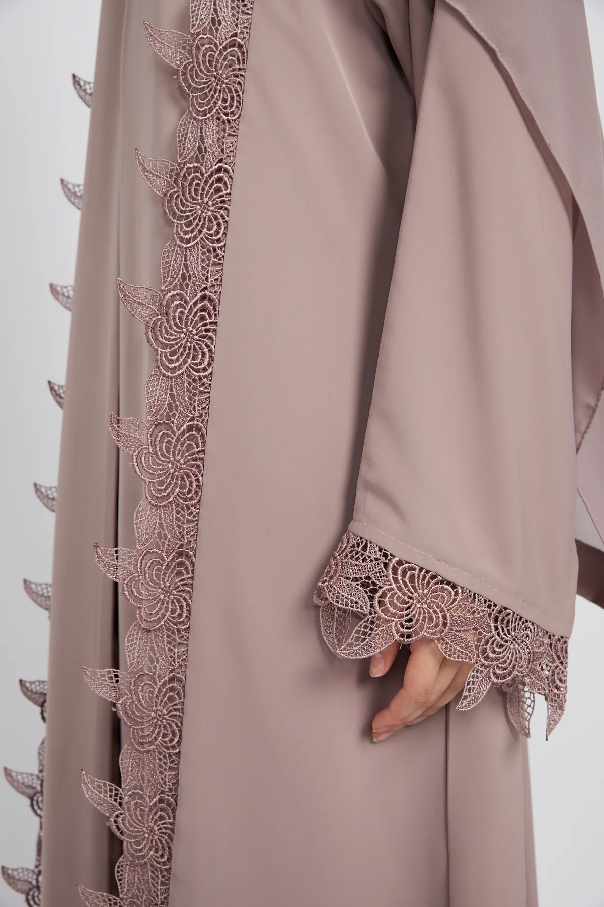 Premium Elara Lace Open Abaya - Rose Taupe - Image 5