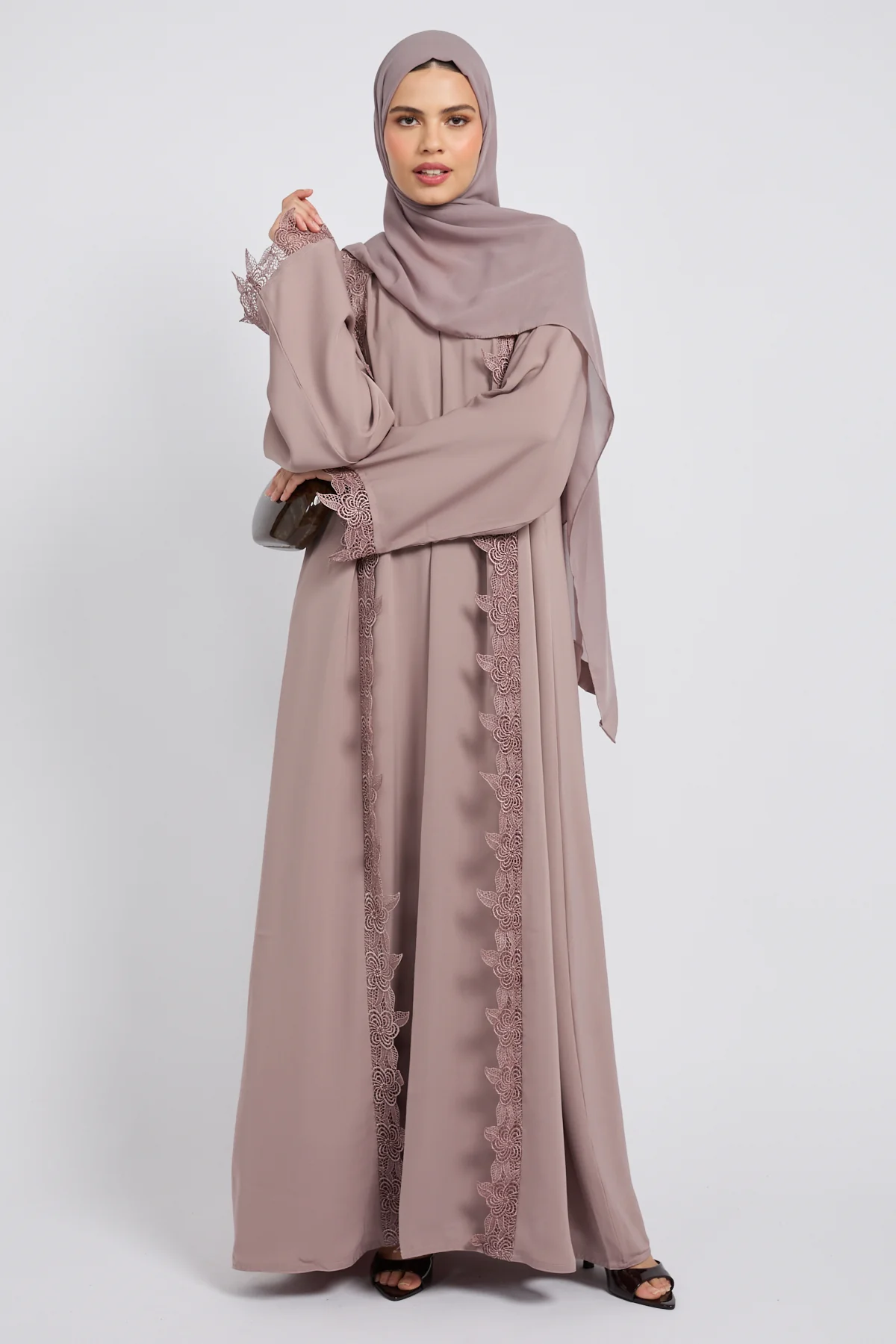 Premium Elara Lace Open Abaya - Rose Taupe - Image 6