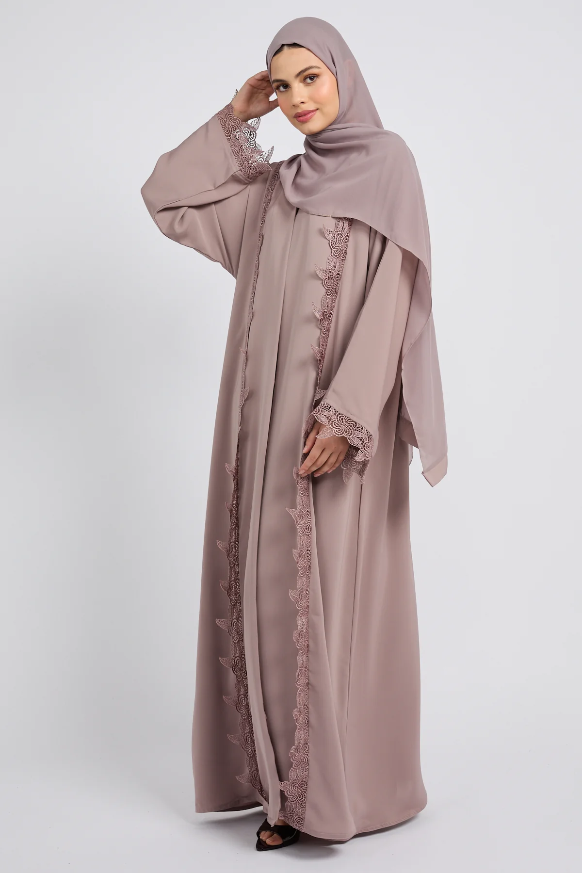 Premium Elara Lace Open Abaya - Rose Taupe - Image 8