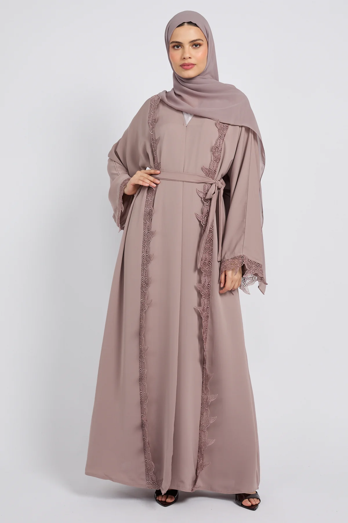 Premium Elara Lace Open Abaya - Rose Taupe - Image 9