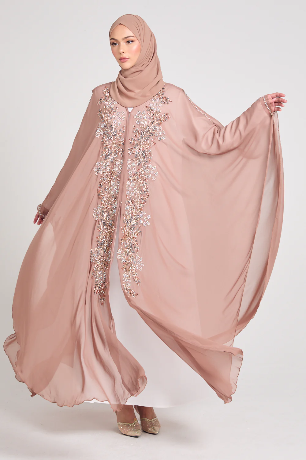Premium Embellished Chiffon Open Farasha with Hood - Mahogany Rose - Image 10