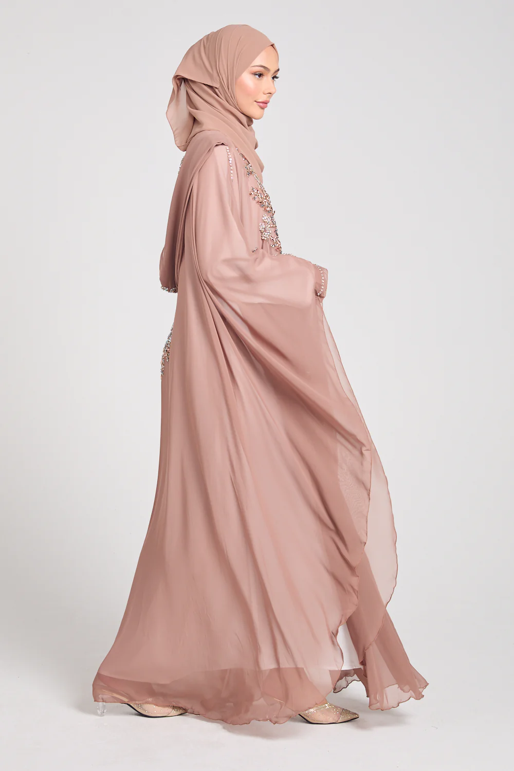 Premium Embellished Chiffon Open Farasha with Hood - Mahogany Rose - Image 11