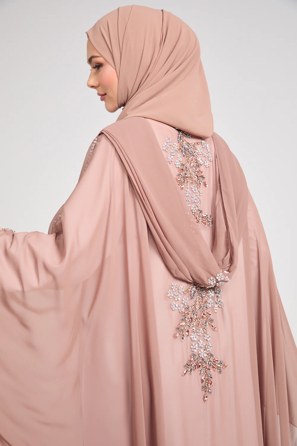 Premium Embellished Chiffon Open Farasha with Hood - Mahogany Rose - Image 12