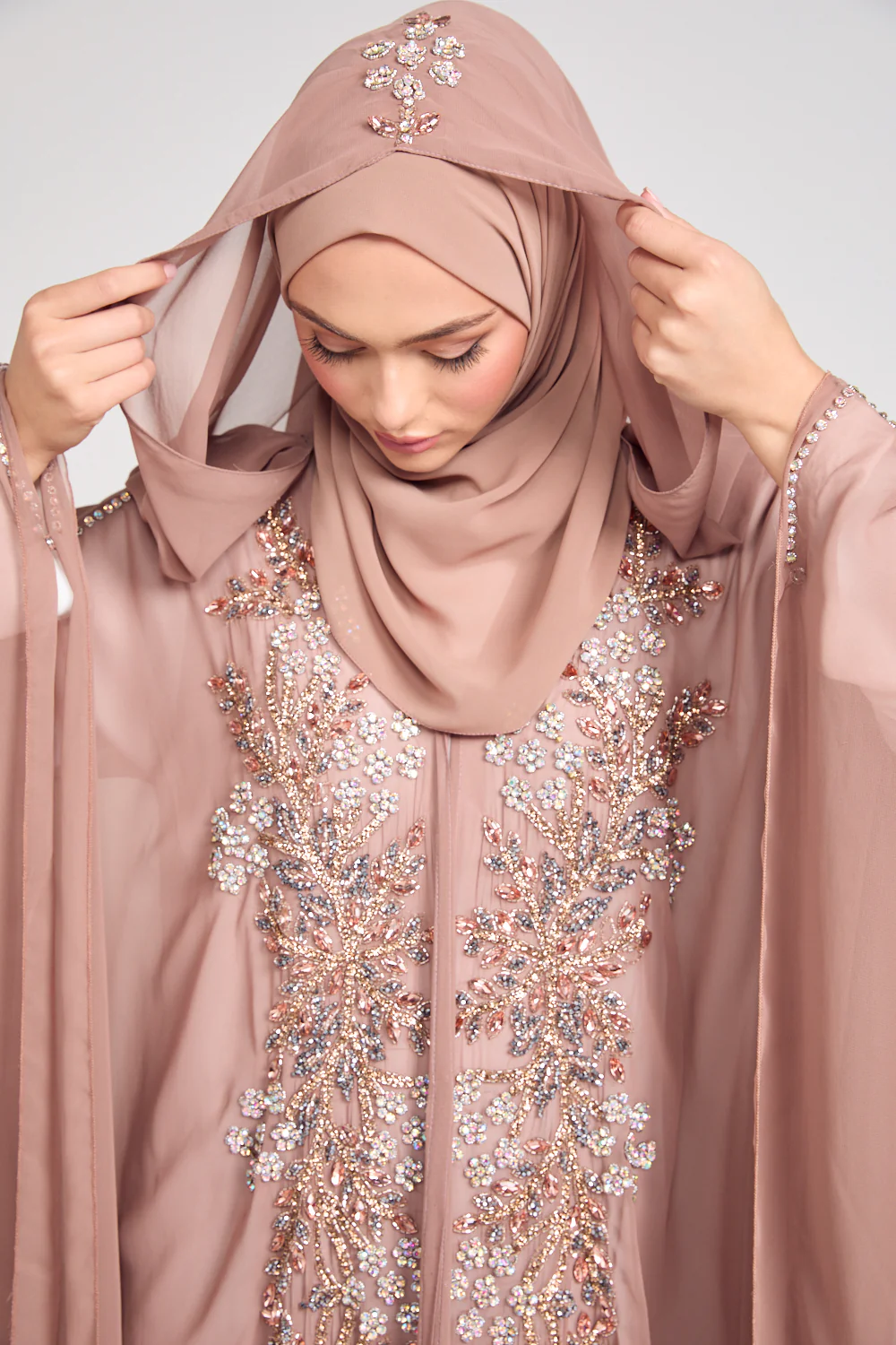 Premium Embellished Chiffon Open Farasha with Hood - Mahogany Rose - Image 13
