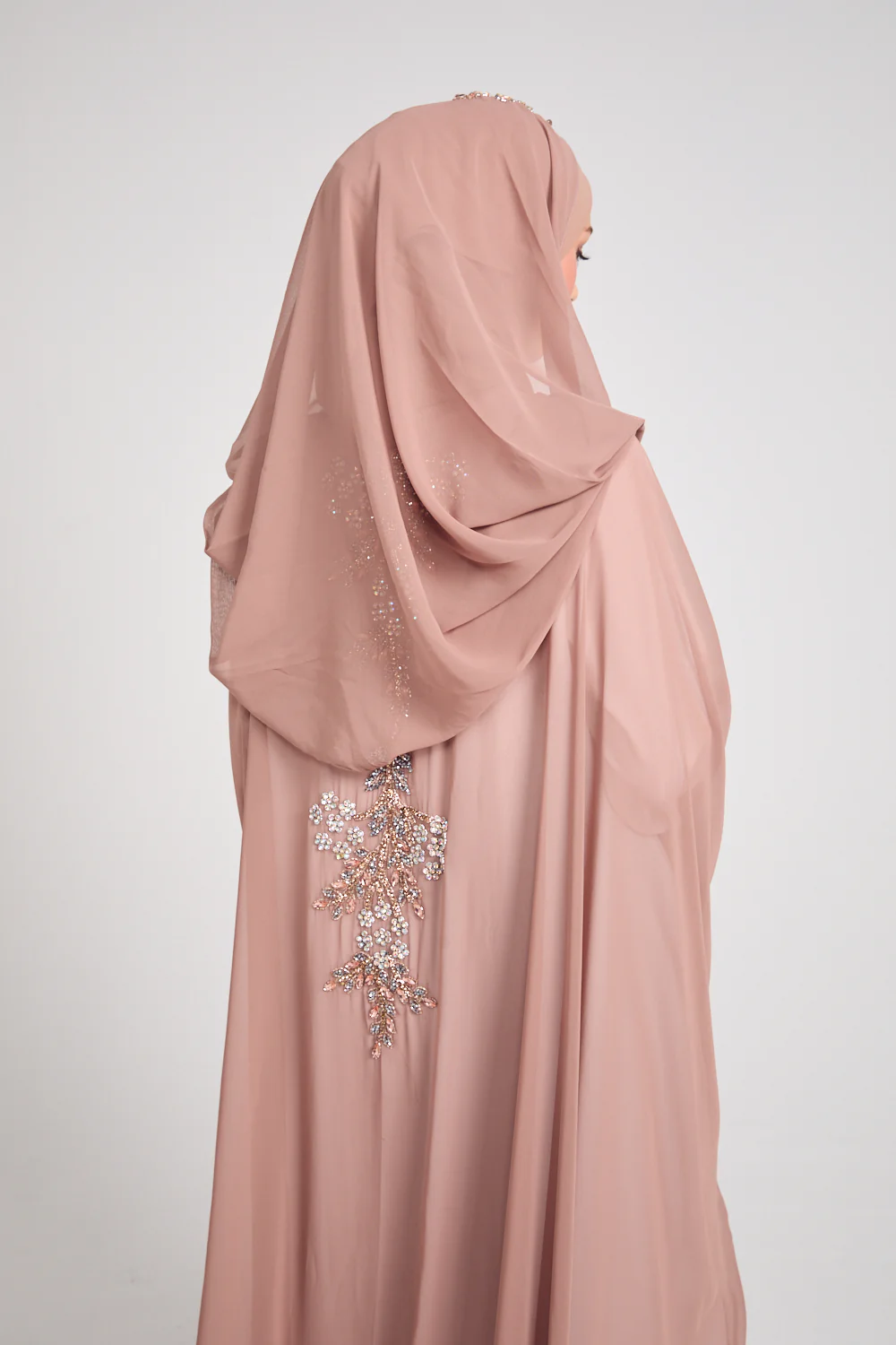 Premium Embellished Chiffon Open Farasha with Hood - Mahogany Rose - Image 14