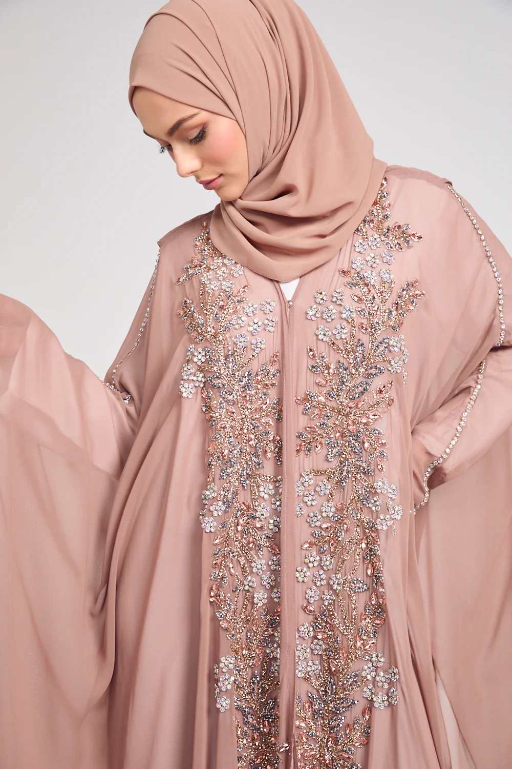 Premium Embellished Chiffon Open Farasha with Hood - Mahogany Rose - Image 2