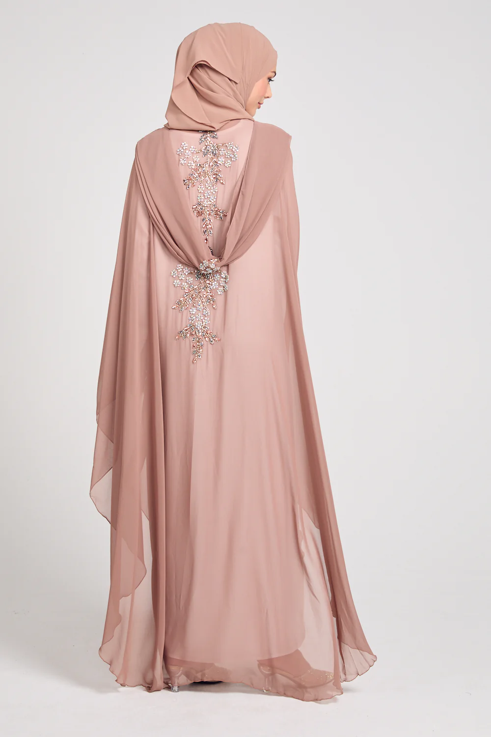 Premium Embellished Chiffon Open Farasha with Hood - Mahogany Rose - Image 3