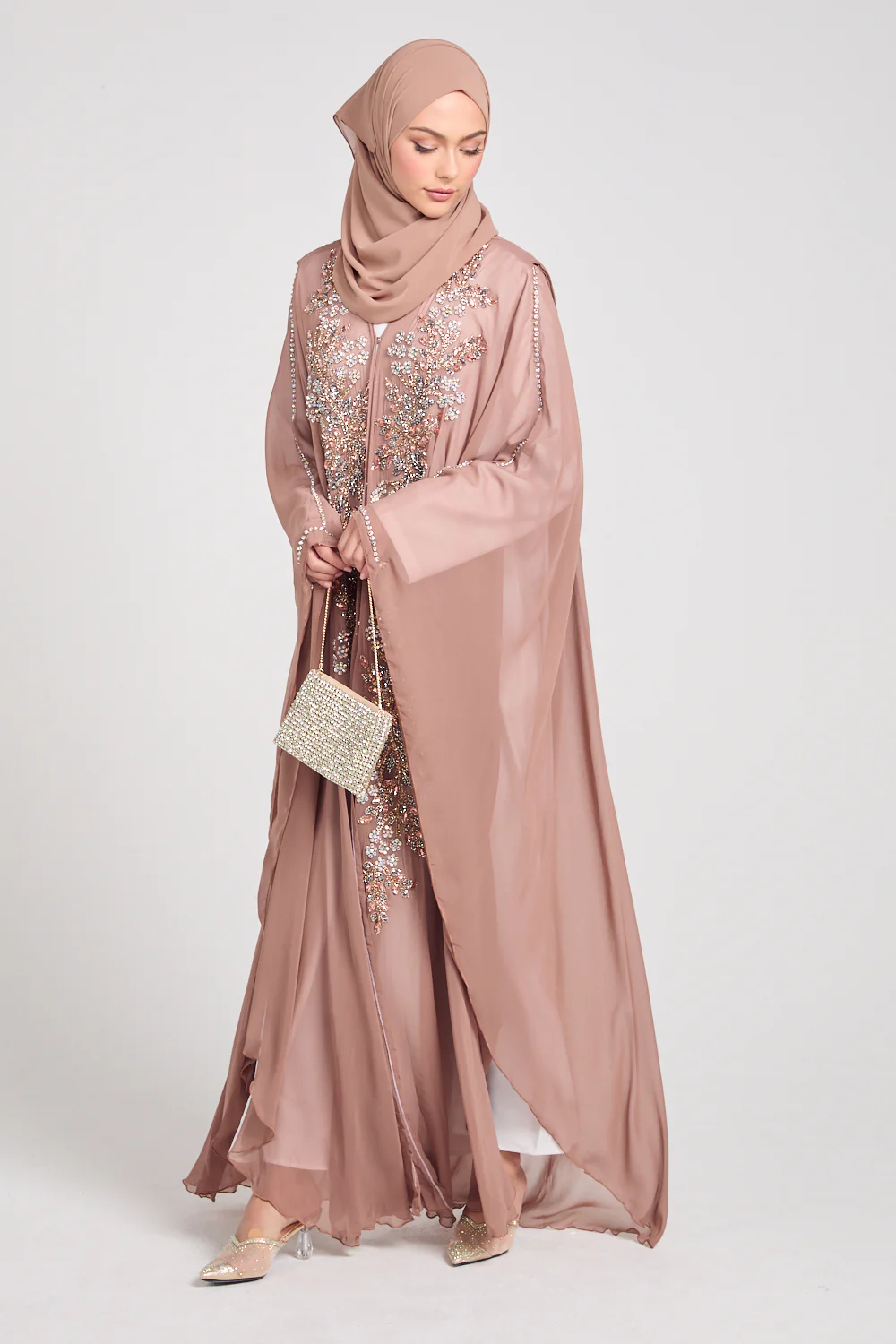 Premium Embellished Chiffon Open Farasha with Hood - Mahogany Rose - Image 4
