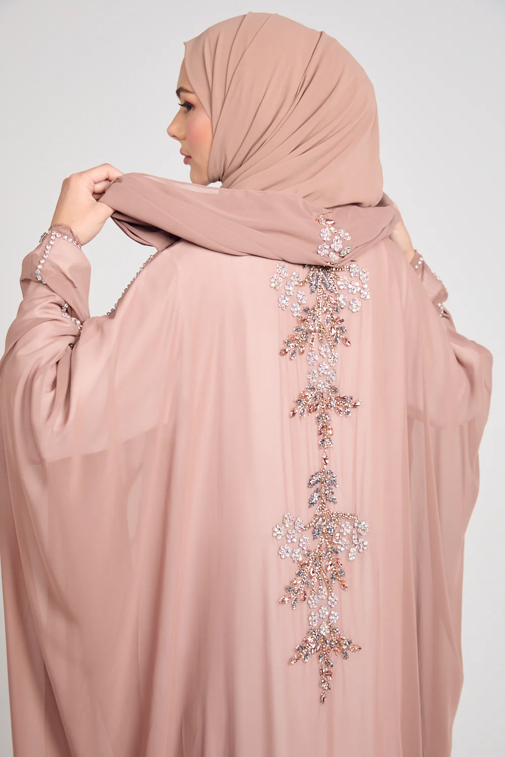 Premium Embellished Chiffon Open Farasha with Hood - Mahogany Rose - Image 5