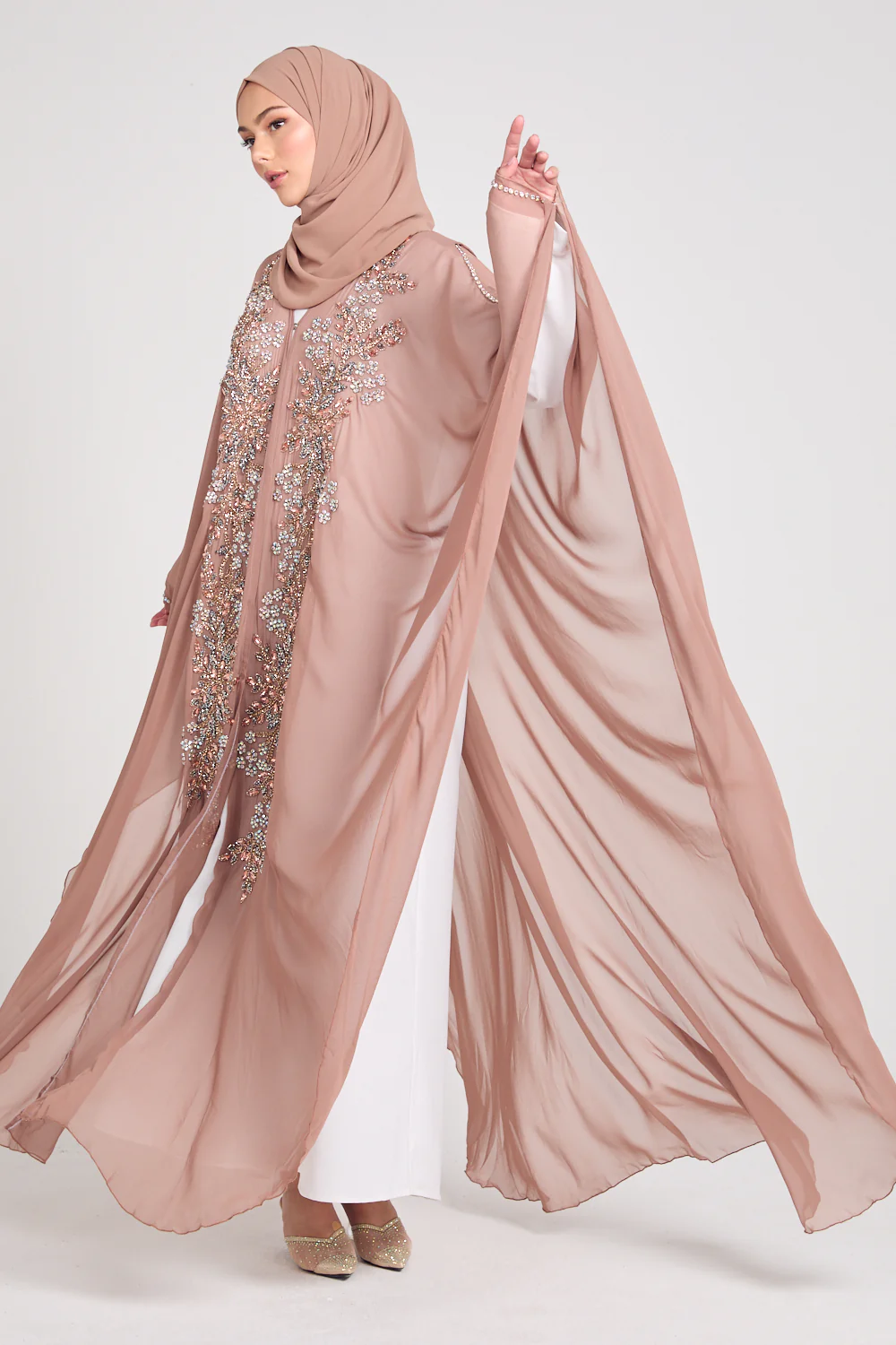 Premium Embellished Chiffon Open Farasha with Hood - Mahogany Rose - Image 6