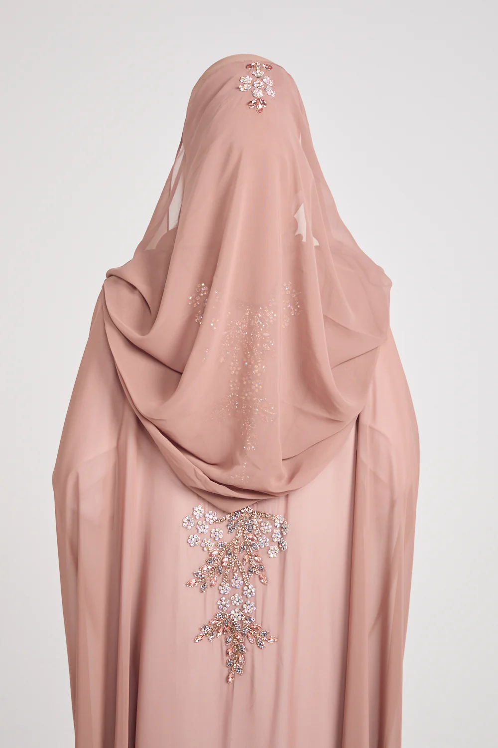 Premium Embellished Chiffon Open Farasha with Hood - Mahogany Rose - Image 7