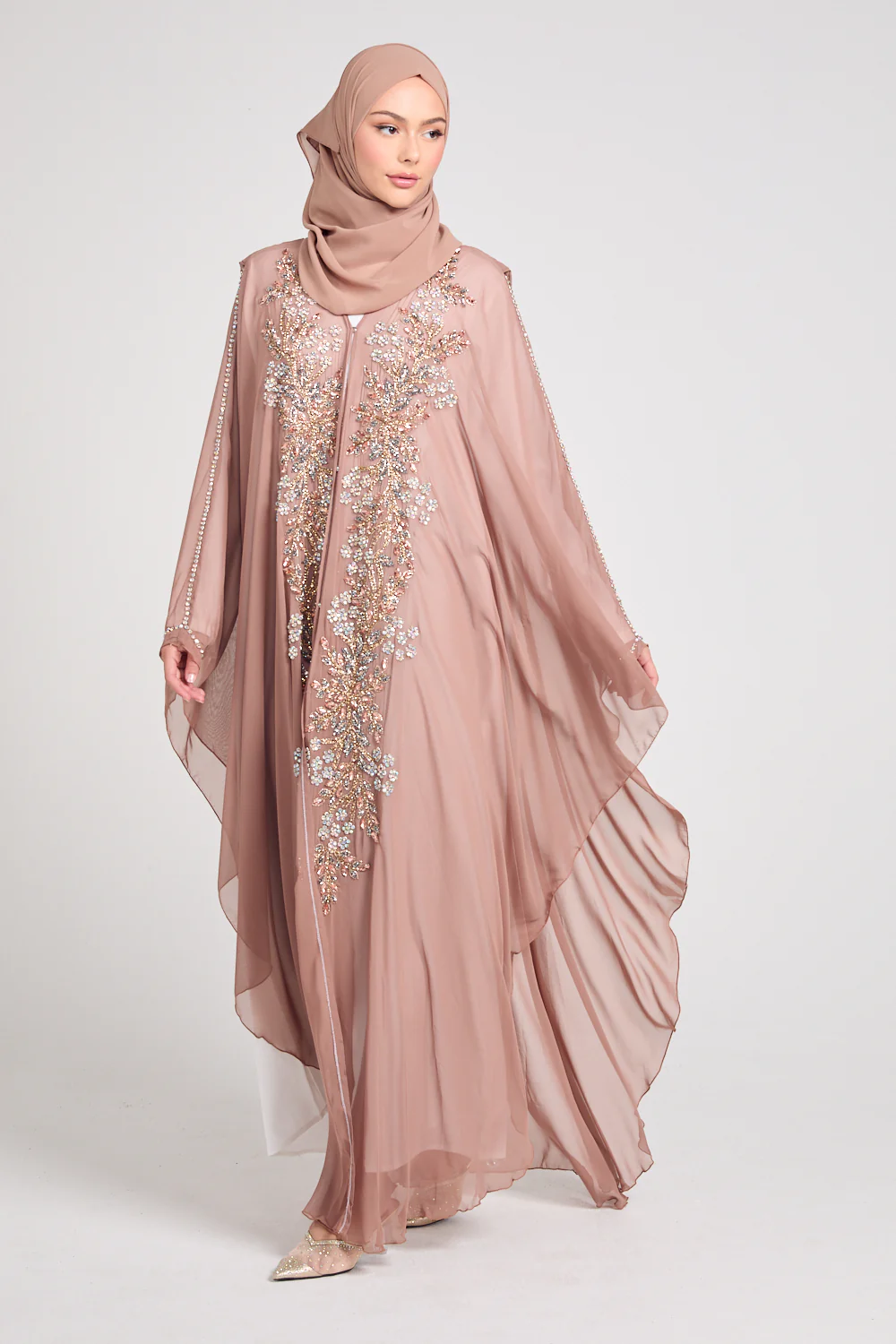 Premium Embellished Chiffon Open Farasha with Hood - Mahogany Rose - Image 8