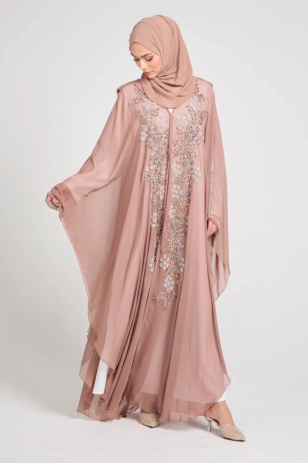 Premium Embellished Chiffon Open Farasha with Hood - Mahogany Rose - Image 9
