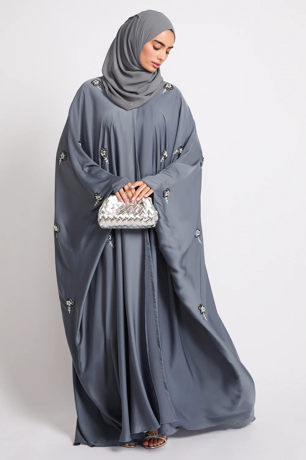 Premium Embellished Dove Grey Open Farasha