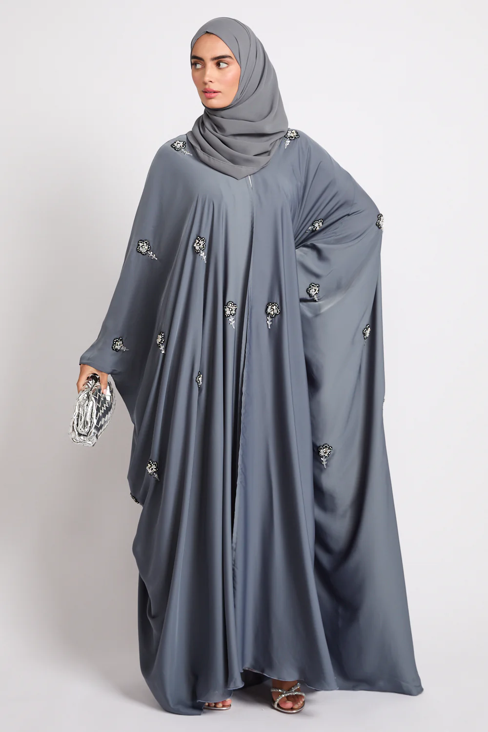 Premium Embellished Dove Grey Open Farasha - Image 6