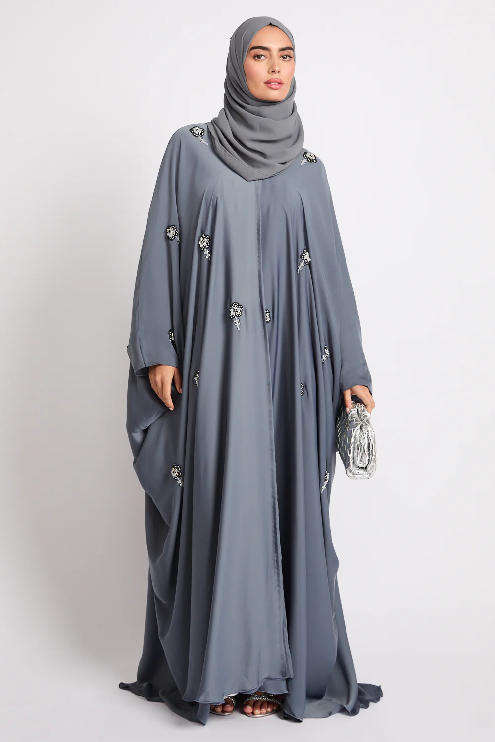 Premium Embellished Dove Grey Open Farasha - Image 7