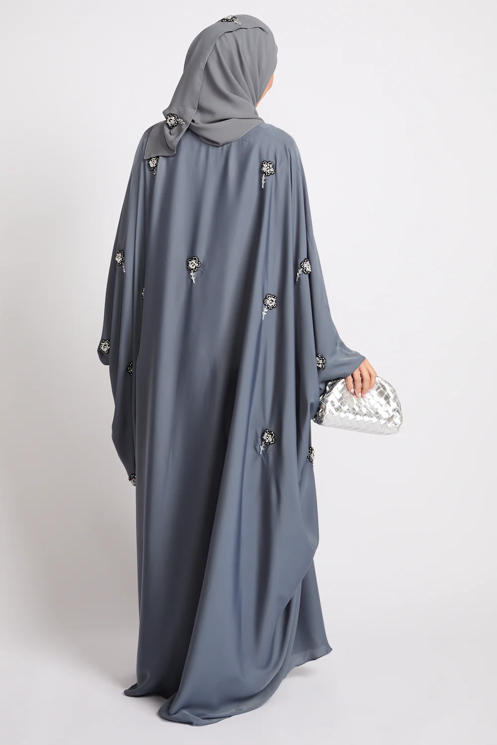 Premium Embellished Dove Grey Open Farasha - Image 8