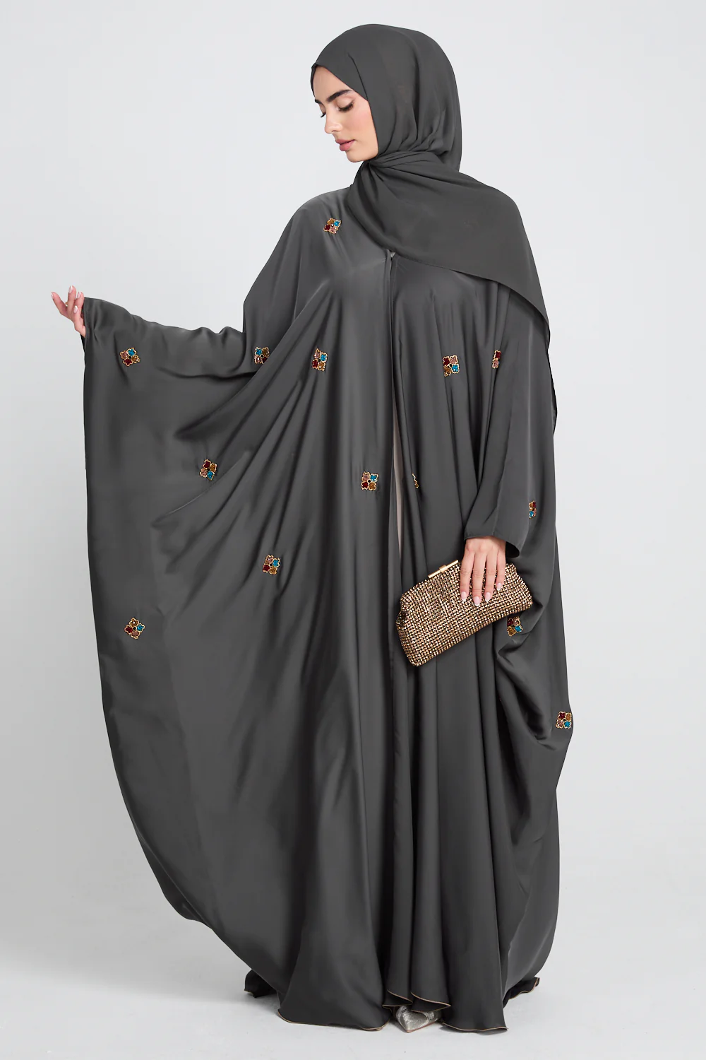 Premium Embellished Mossed Charcoal Open Farasha