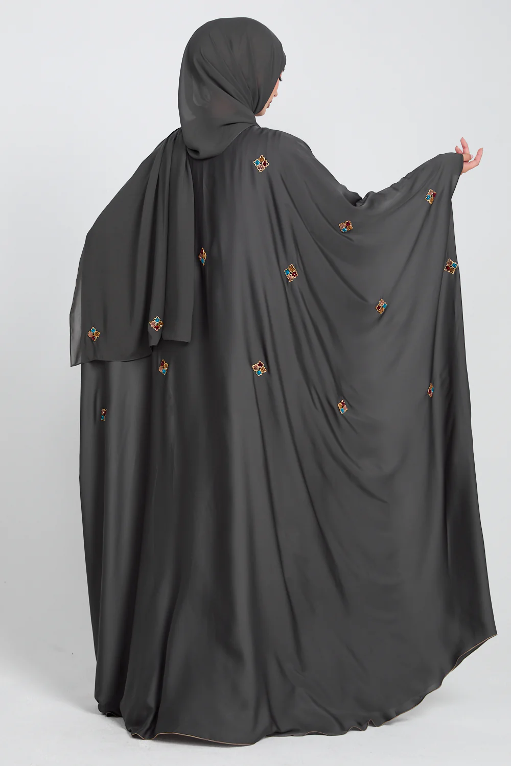 Premium Embellished Mossed Charcoal Open Farasha - Image 10