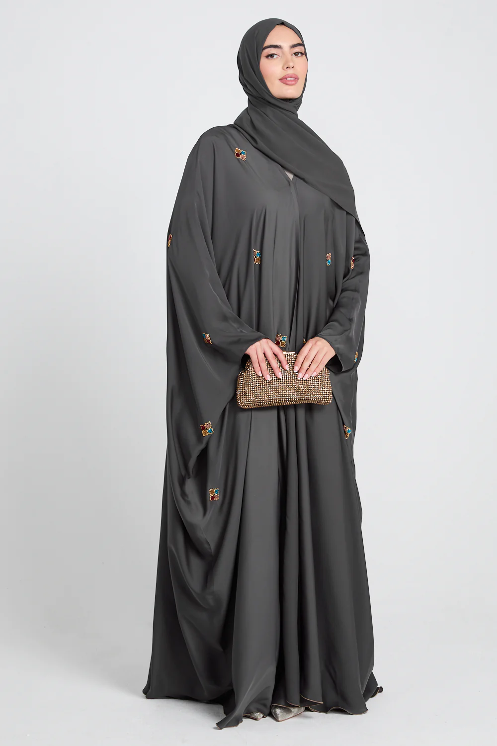 Premium Embellished Mossed Charcoal Open Farasha - Image 2