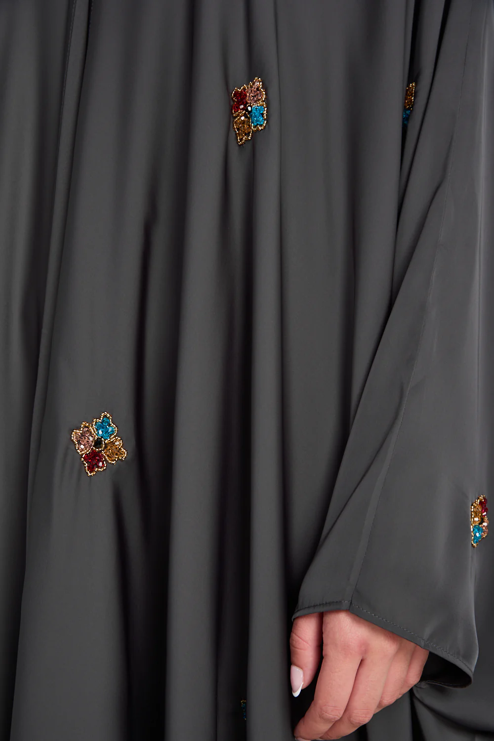 Premium Embellished Mossed Charcoal Open Farasha - Image 5