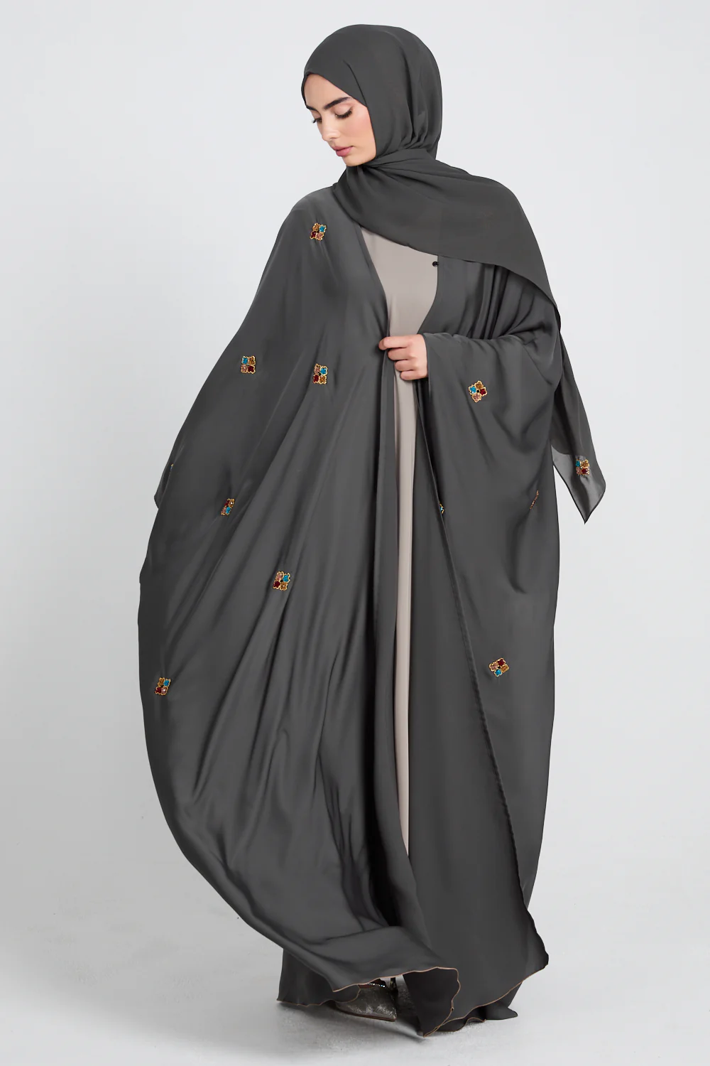 Premium Embellished Mossed Charcoal Open Farasha - Image 6