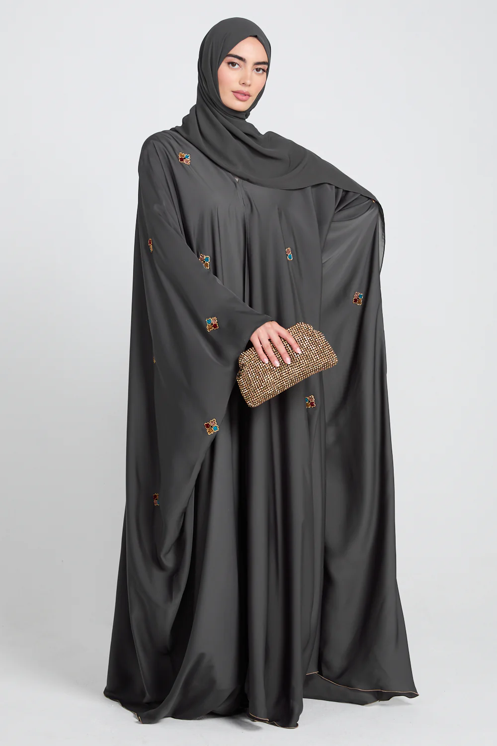 Premium Embellished Mossed Charcoal Open Farasha - Image 8