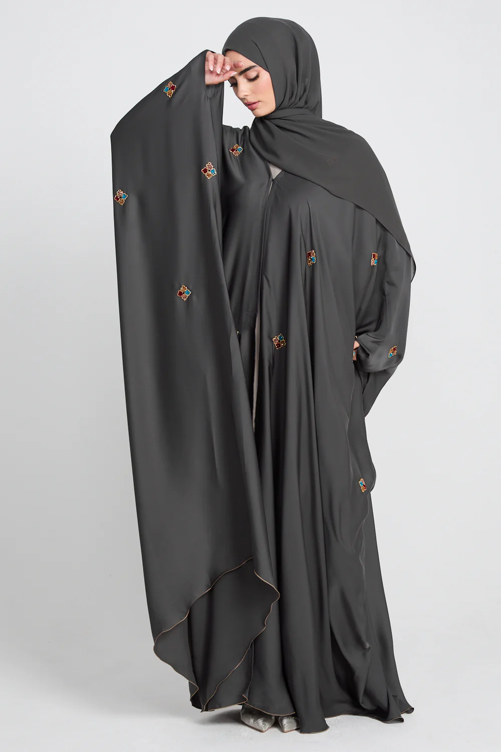 Premium Embellished Mossed Charcoal Open Farasha - Image 9