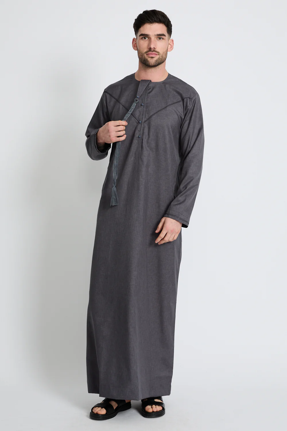 Premium Emirati Thobe with Pleat Detailing - Blue Mirage - Image 3