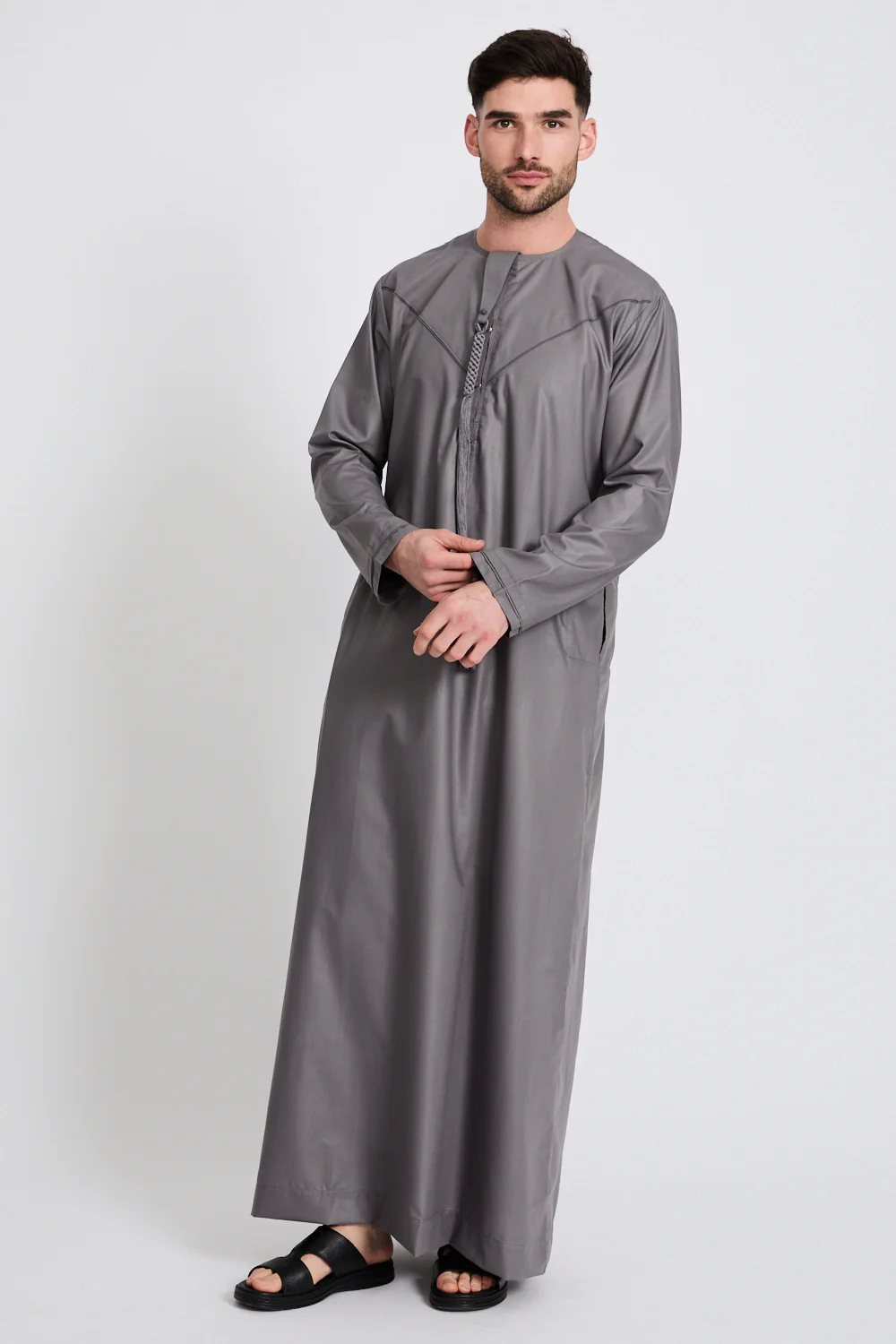 Premium Emirati Thobe with Pleat Detailing - Ebony Smoke - Image 4
