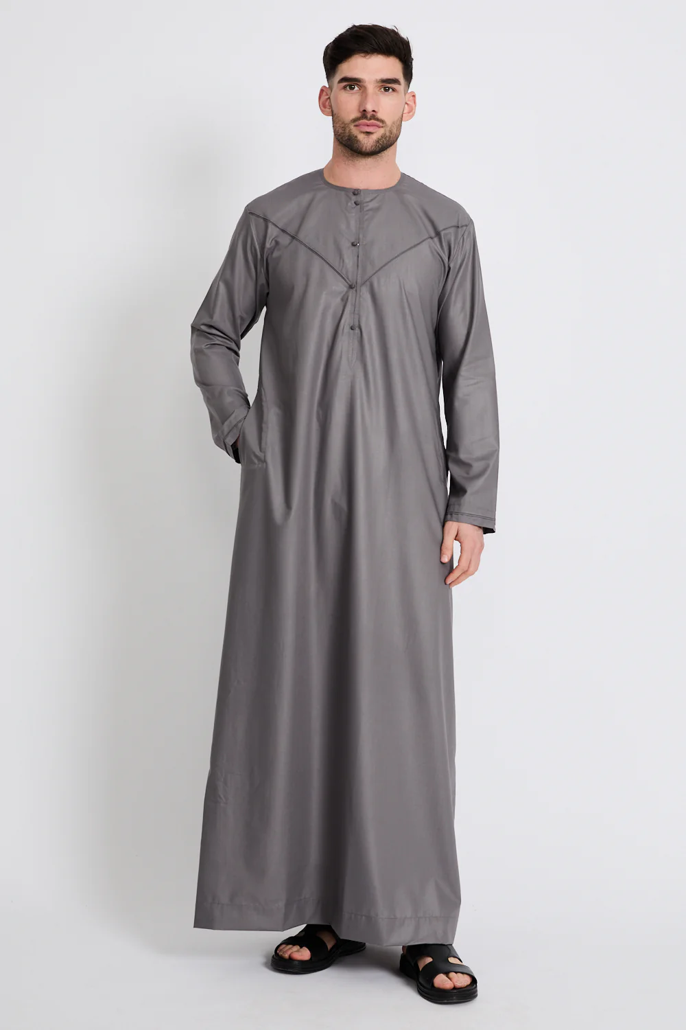Premium Emirati Thobe with Pleat Detailing - Ebony Smoke - Image 9