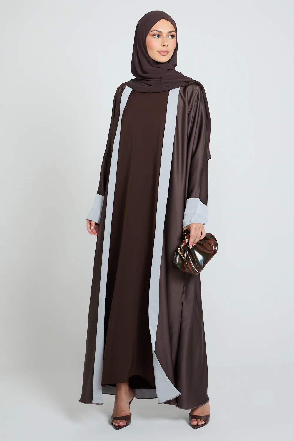 Premium Fig Noir Pearl Contrast Open Abaya