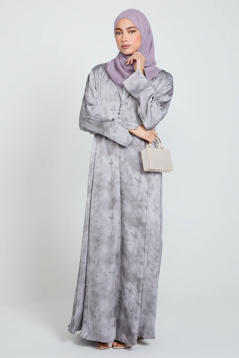 Premium Floral Mirage Blazer Open Abaya - Lavender Smoke - LIMITED EDITION