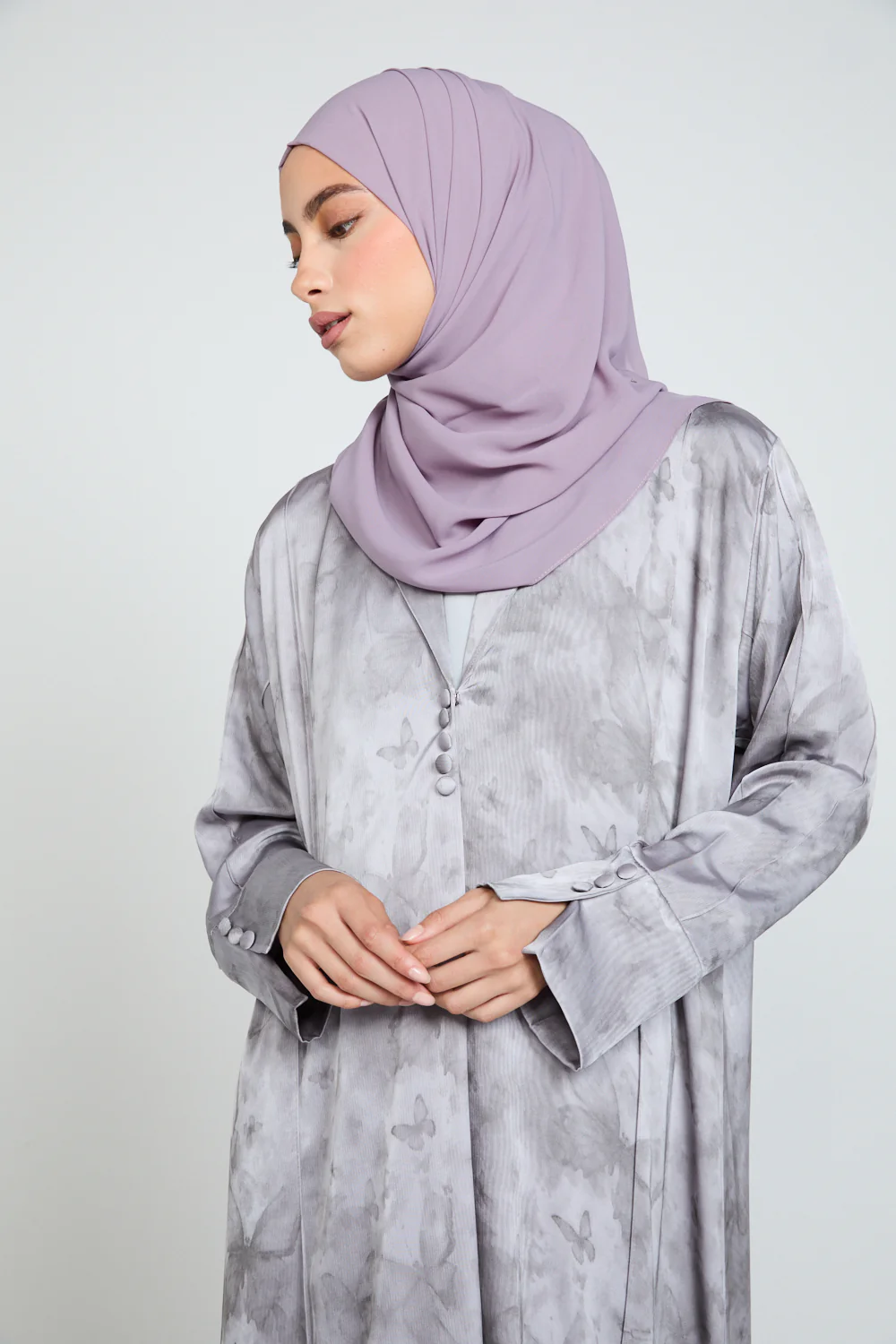 Premium Floral Mirage Blazer Open Abaya - Lavender Smoke - LIMITED EDITION - Image 2