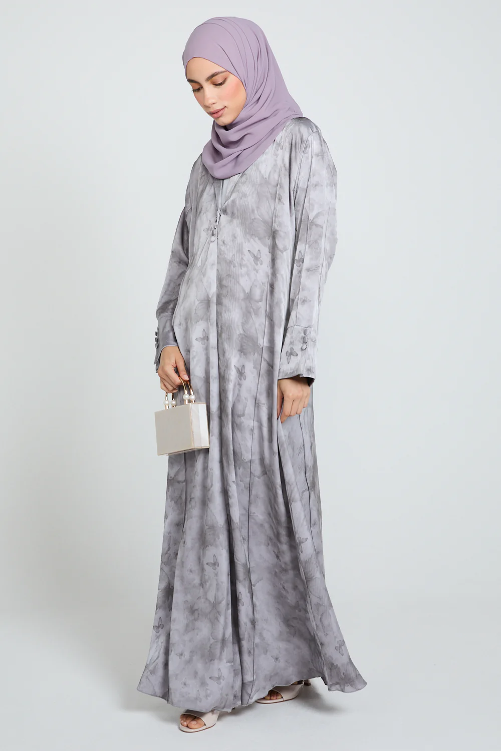 Premium Floral Mirage Blazer Open Abaya - Lavender Smoke - LIMITED EDITION - Image 3