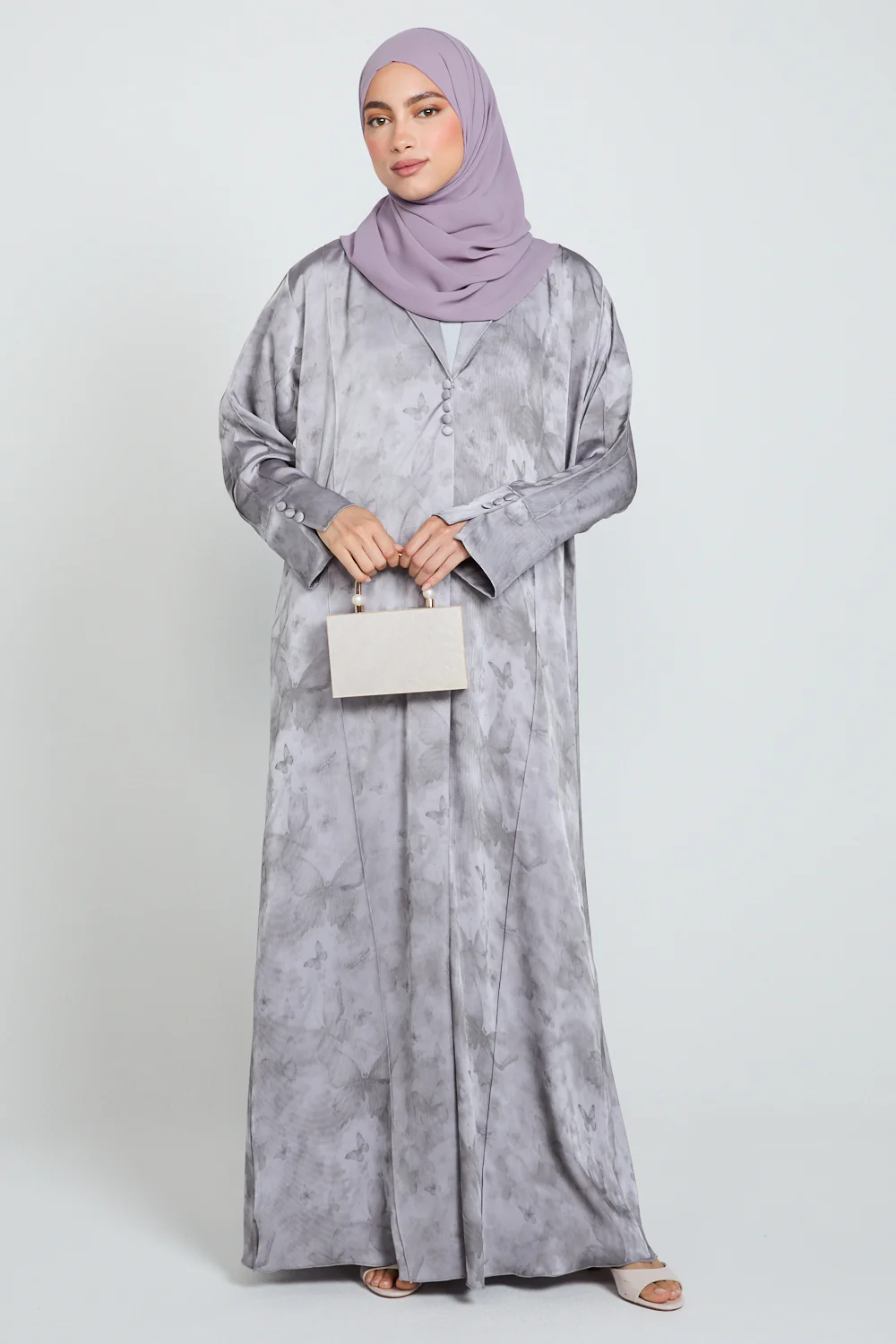Premium Floral Mirage Blazer Open Abaya - Lavender Smoke - LIMITED EDITION - Image 4