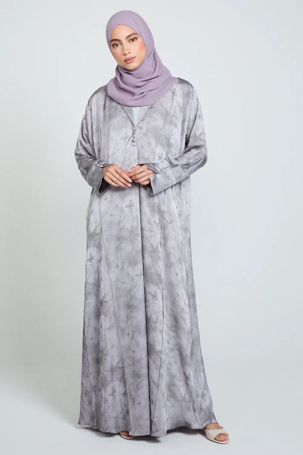 Premium Floral Mirage Blazer Open Abaya - Lavender Smoke - LIMITED EDITION - Image 7