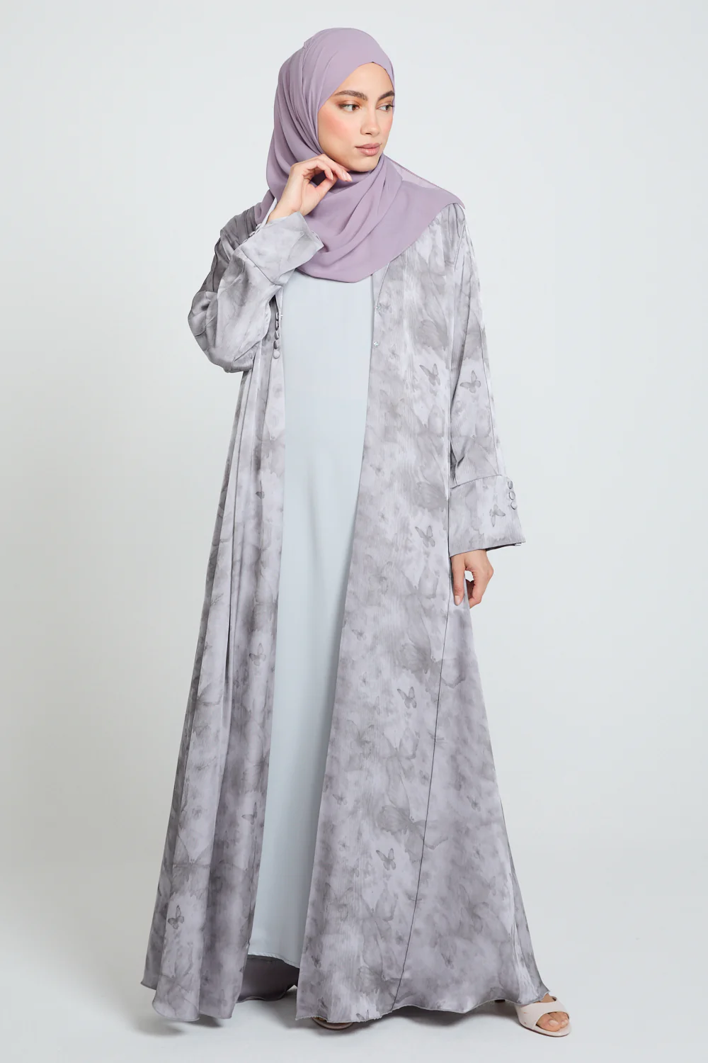 Premium Floral Mirage Blazer Open Abaya - Lavender Smoke - LIMITED EDITION - Image 9