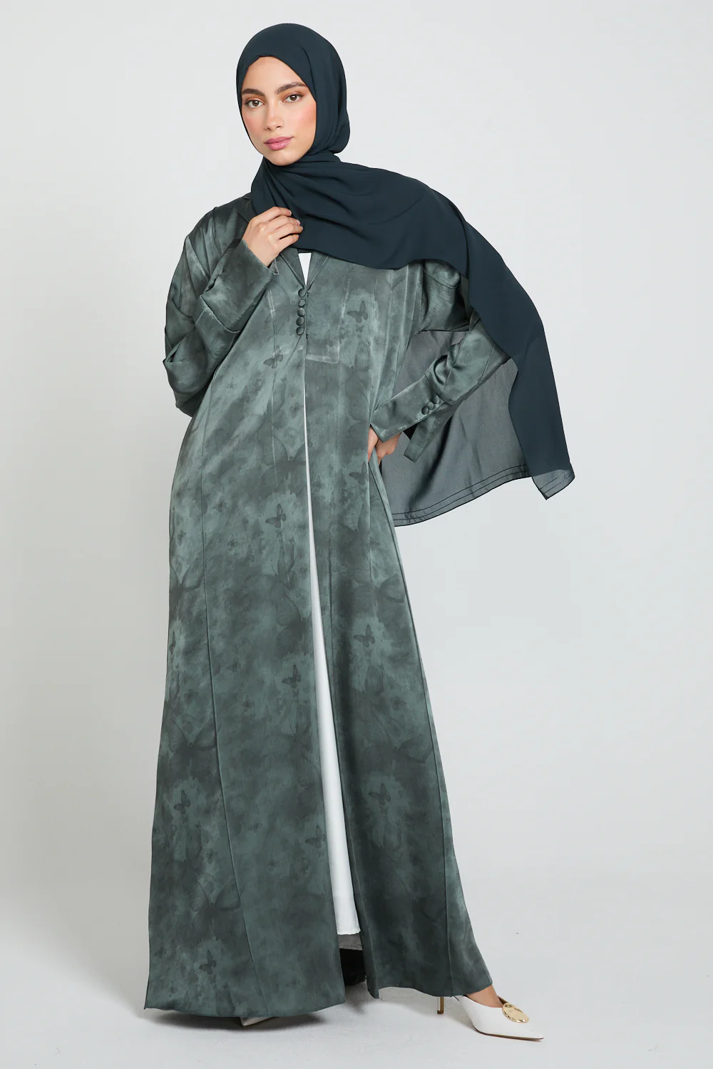 Premium Floral Mirage Blazer Open Abaya - Smoky Peacock - LIMITED EDITION - Image 3