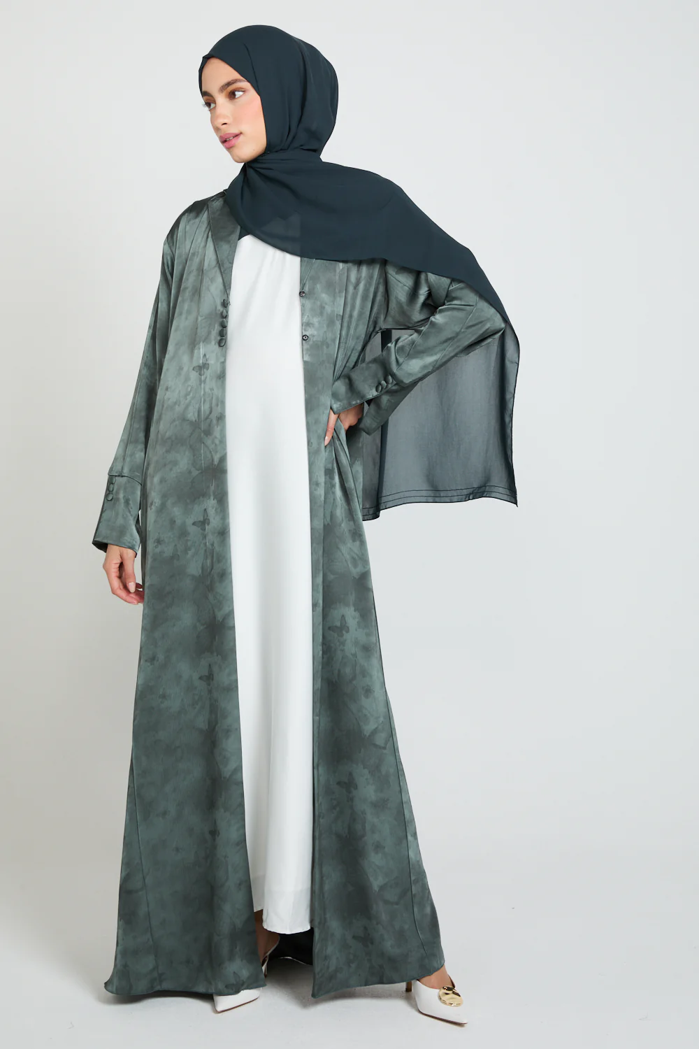 Premium Floral Mirage Blazer Open Abaya - Smoky Peacock - LIMITED EDITION - Image 4