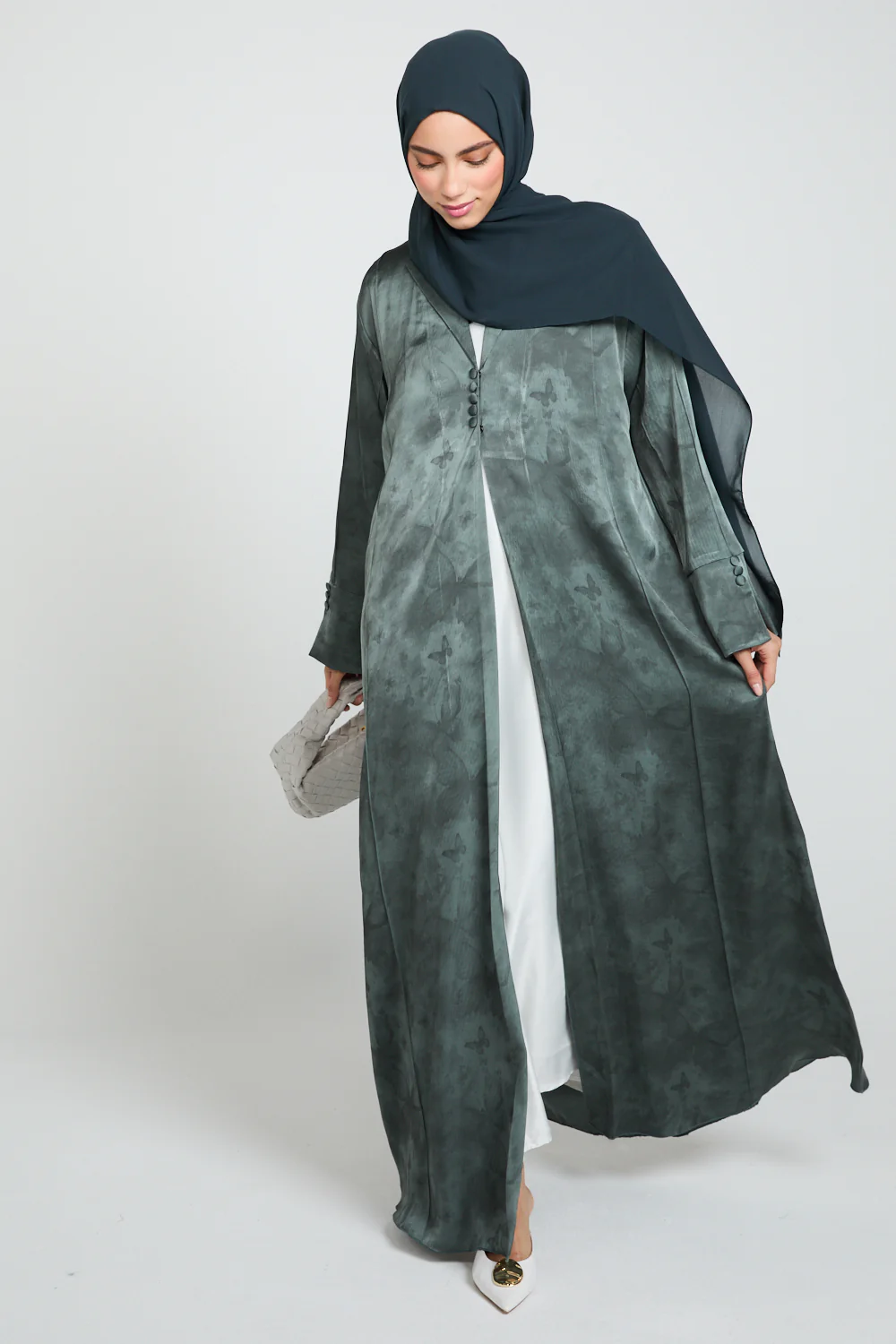 Premium Floral Mirage Blazer Open Abaya - Smoky Peacock - LIMITED EDITION - Image 8