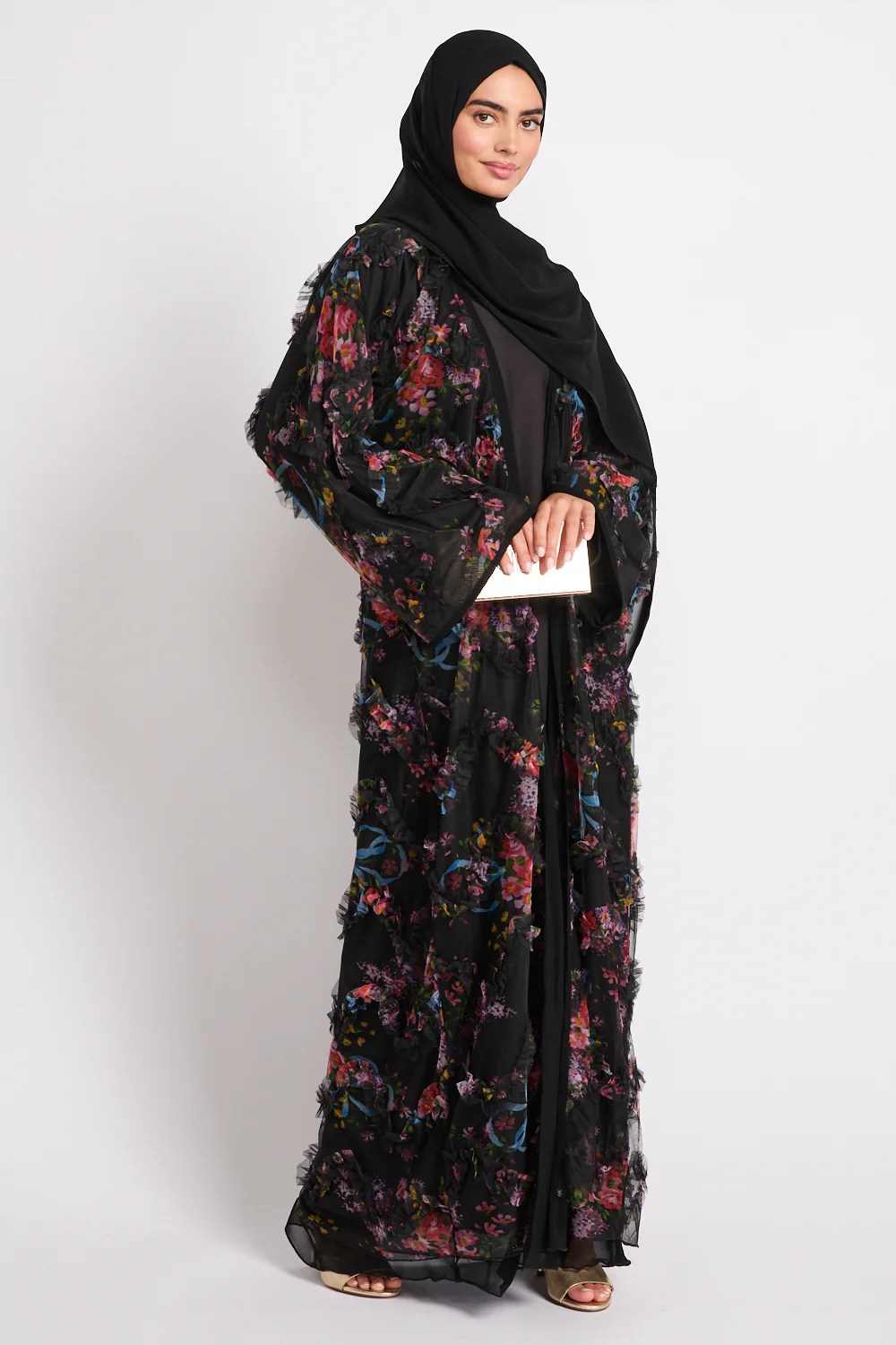 Premium Floral Whispers Open Abaya - Black