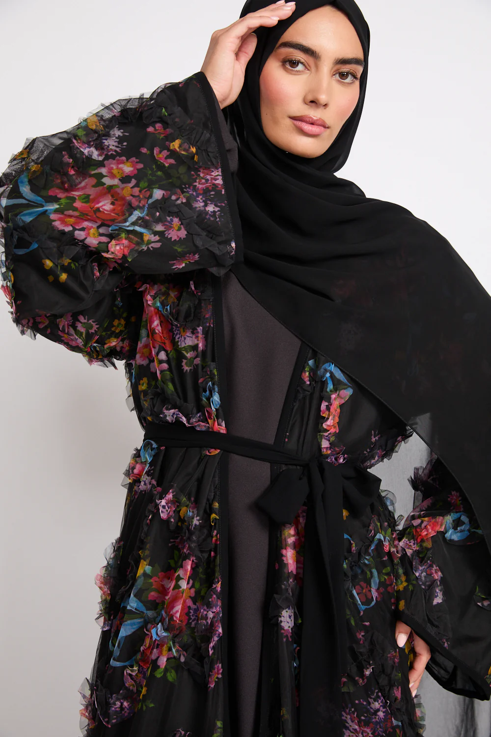 Premium Floral Whispers Open Abaya - Black - Image 2