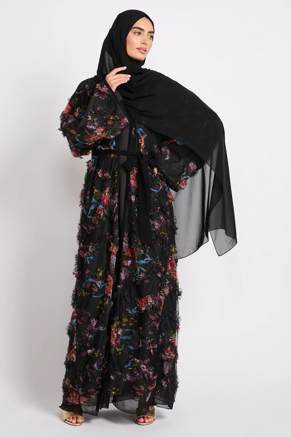 Premium Floral Whispers Open Abaya - Black - Image 6