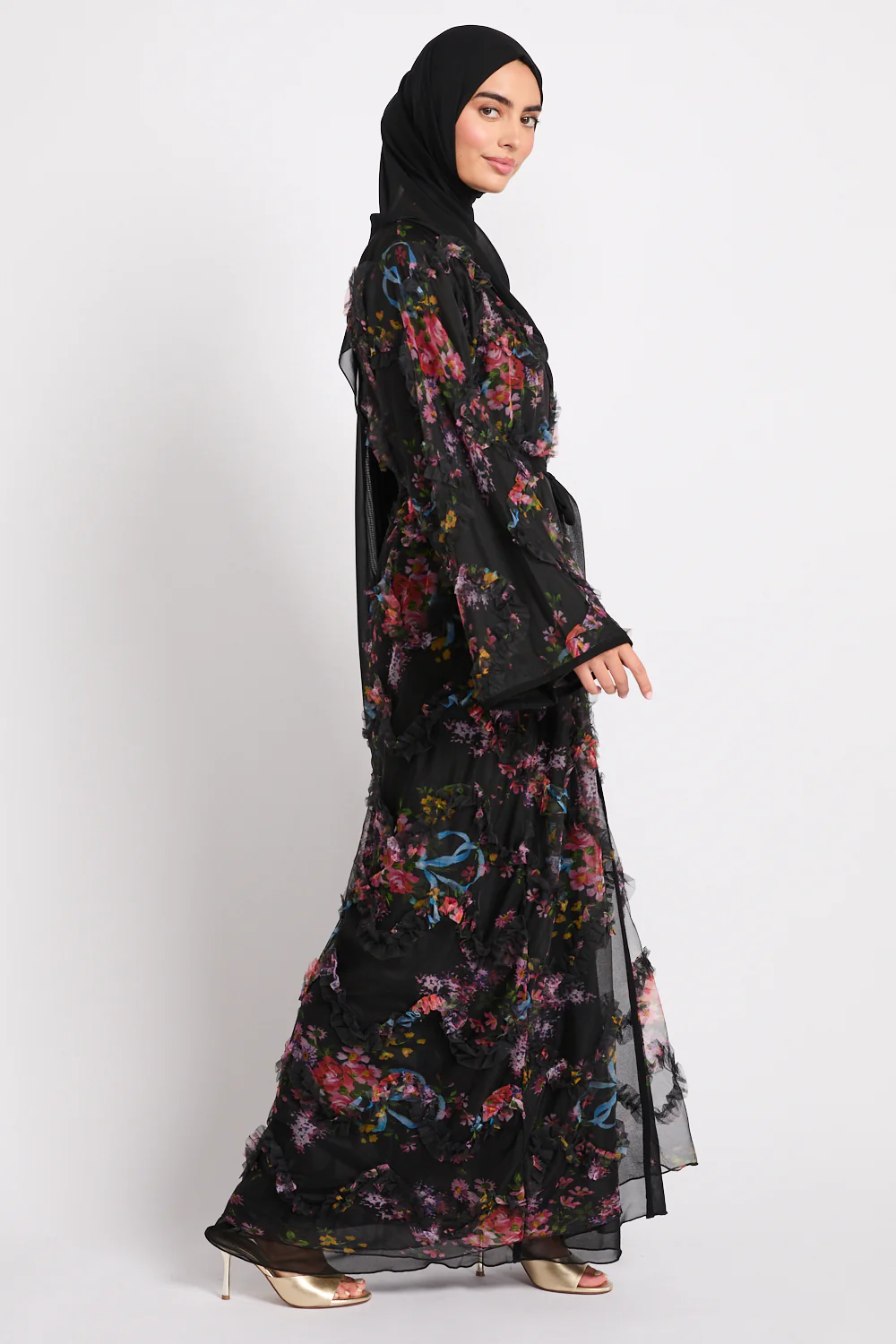 Premium Floral Whispers Open Abaya - Black - Image 9